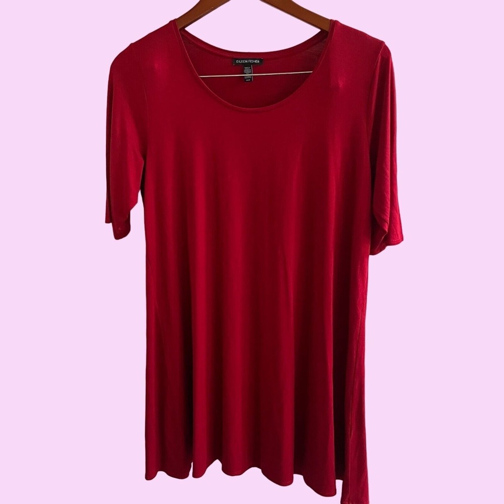 Eileen Fisher Womens T-Shirt Red‎ Big Tall Long Crew Neck Stretch Pullover Top